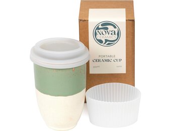 NOVA CERAMICS Magnetron koffiemok met deksel, keramische to go koffiekopje, magnetron, unieke om te gaan mok, magnetron, vaatwasmachinebestendig, 12 oz, groen en beige, salie