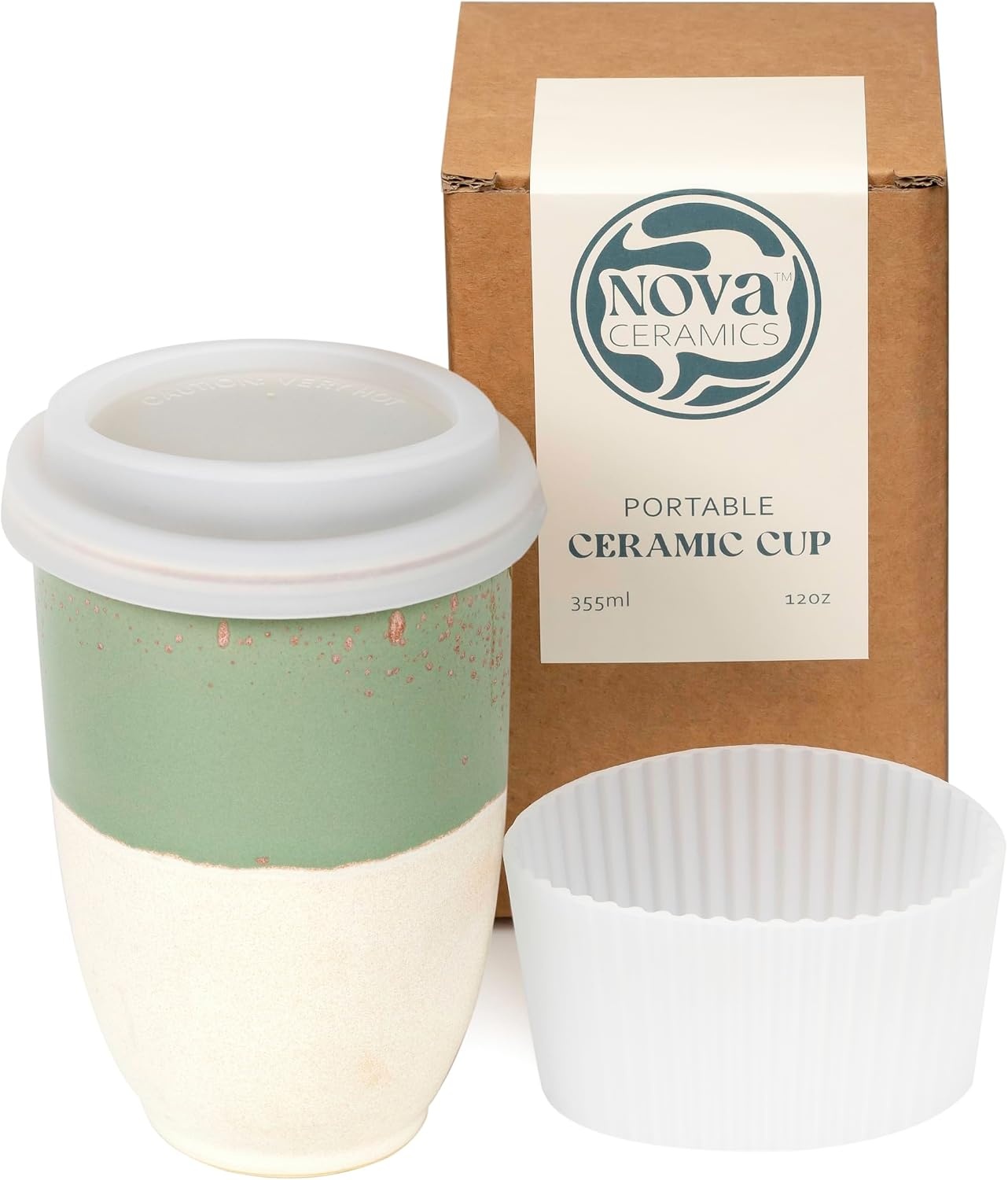 NOVA CERAMICS Magnetron koffiemok met deksel, keramische to go koffiekopje, magnetron, unieke om te gaan mok, magnetron, vaatwasmachinebestendig, 12 oz, groen en beige, salie