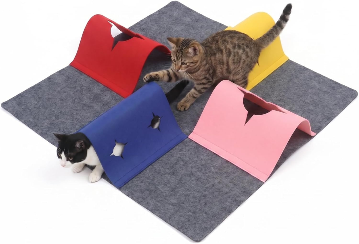 Kattenspeelmat met tunnel van vilt, 90 x 90 cm, interactieve activiteit, kattenspeelmat, kattentapijt voor kittens puppy's en kleine dieren (donkergrijs)
