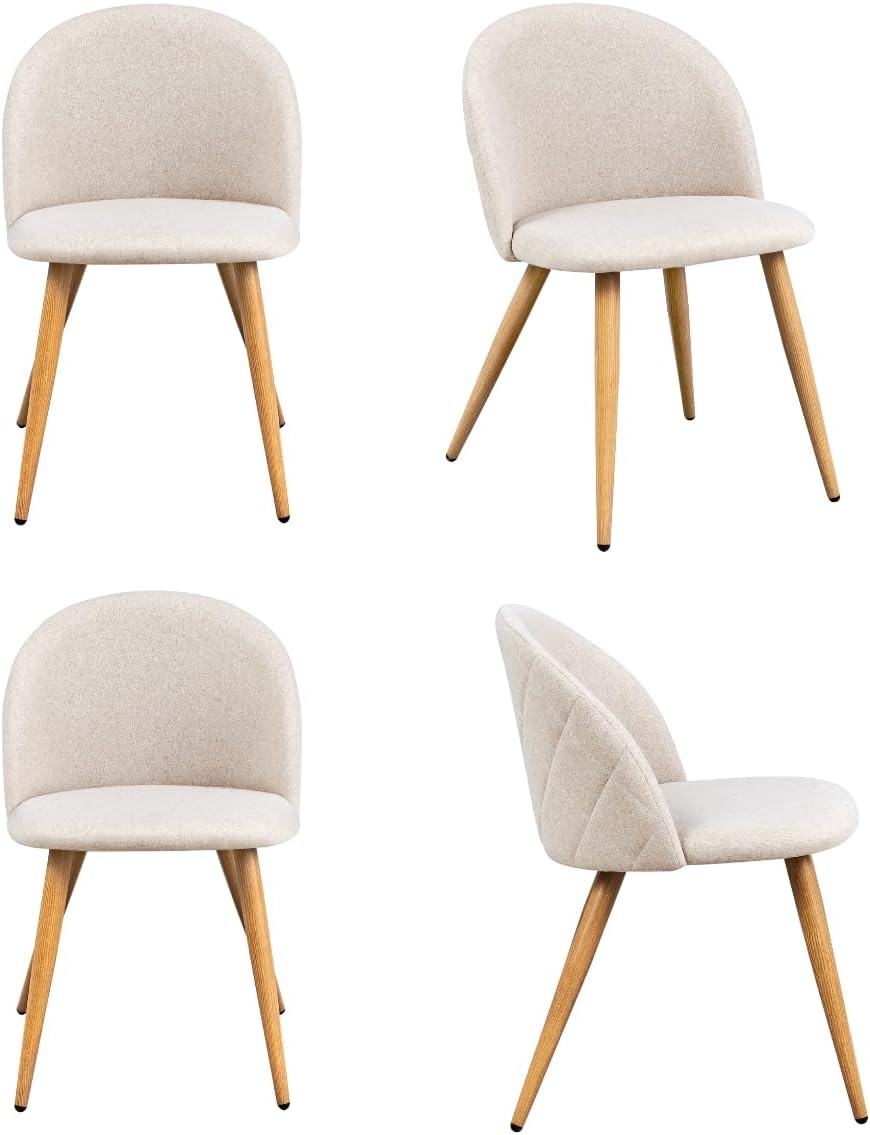 FurnitureR Set van 4 eetkamerstoelen, modern design in de vorm van een schelp, zachte beige stof met metalen poten, elegante zitgelegenheid voor de keuken, stof, 46 x 49 x 77 cm