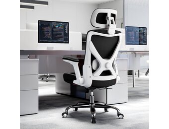 TRALT Ergonomische bureaustoel, bureaustoel, bureaustoel, PU-leer, verstelbare lendensteun, bureaustoel, gamingstoel, bureaustoel, managersstoel met 3D-hoofdsteun voor lang, wit-zwart