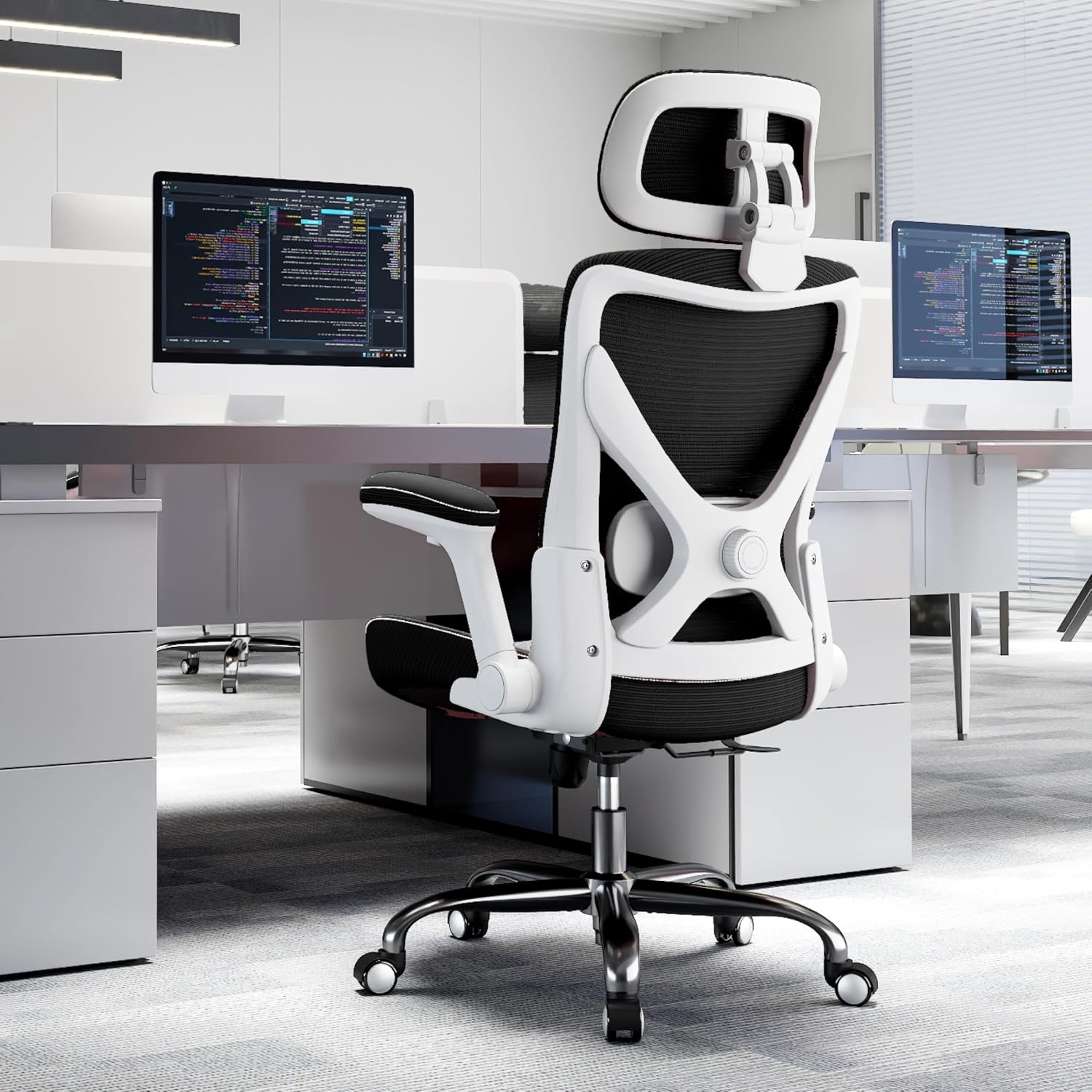 TRALT Ergonomische bureaustoel, bureaustoel, bureaustoel, PU-leer, verstelbare lendensteun, bureaustoel, gamingstoel, bureaustoel, managersstoel met 3D-hoofdsteun voor lang, wit-zwart