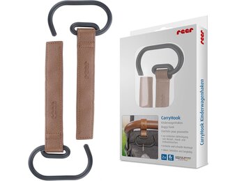 reer CarryHook kinderwagenhaken, 2 stuks, universele haken voor luiertassen en boodschappentassen, klittenbandbevestiging, kinderwagenaccessoires, bruin-zwart