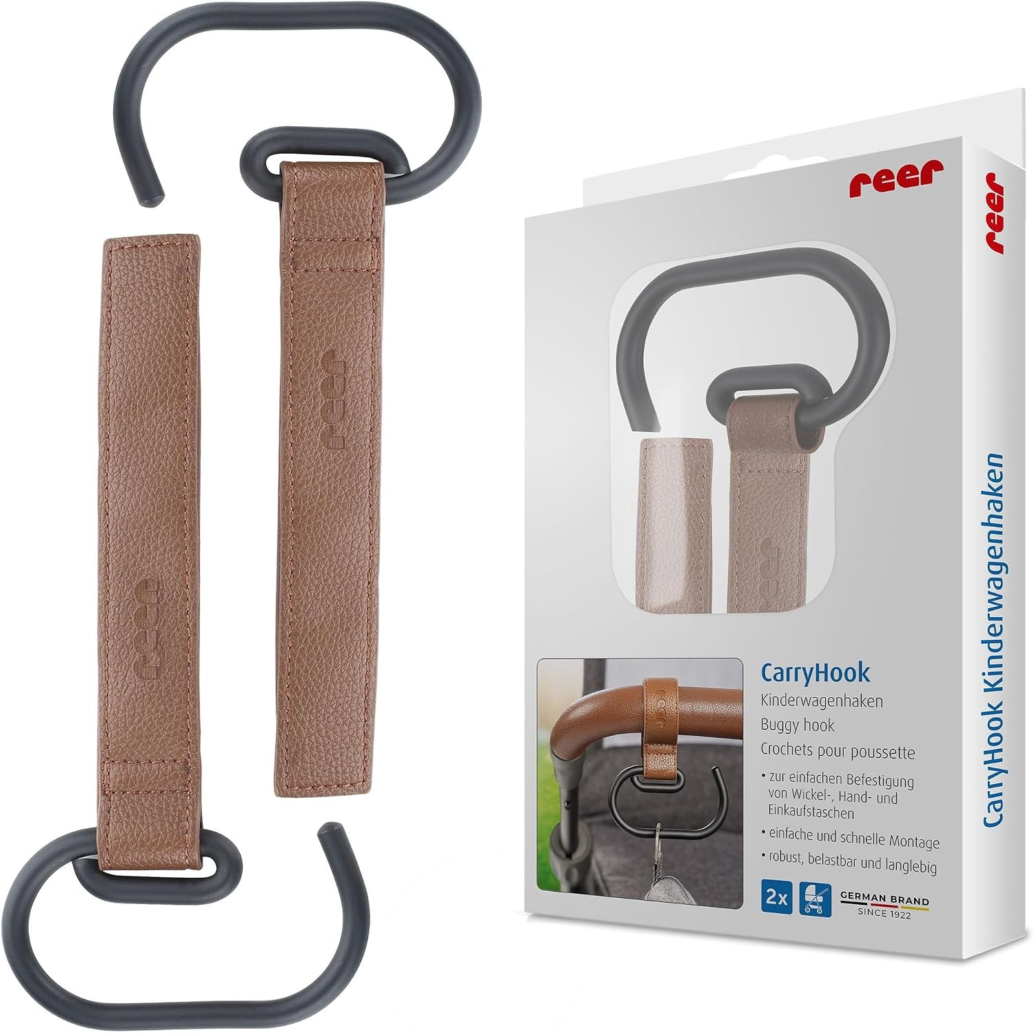 reer CarryHook kinderwagenhaken, 2 stuks, universele haken voor luiertassen en boodschappentassen, klittenbandbevestiging, kinderwagenaccessoires, bruin-zwart