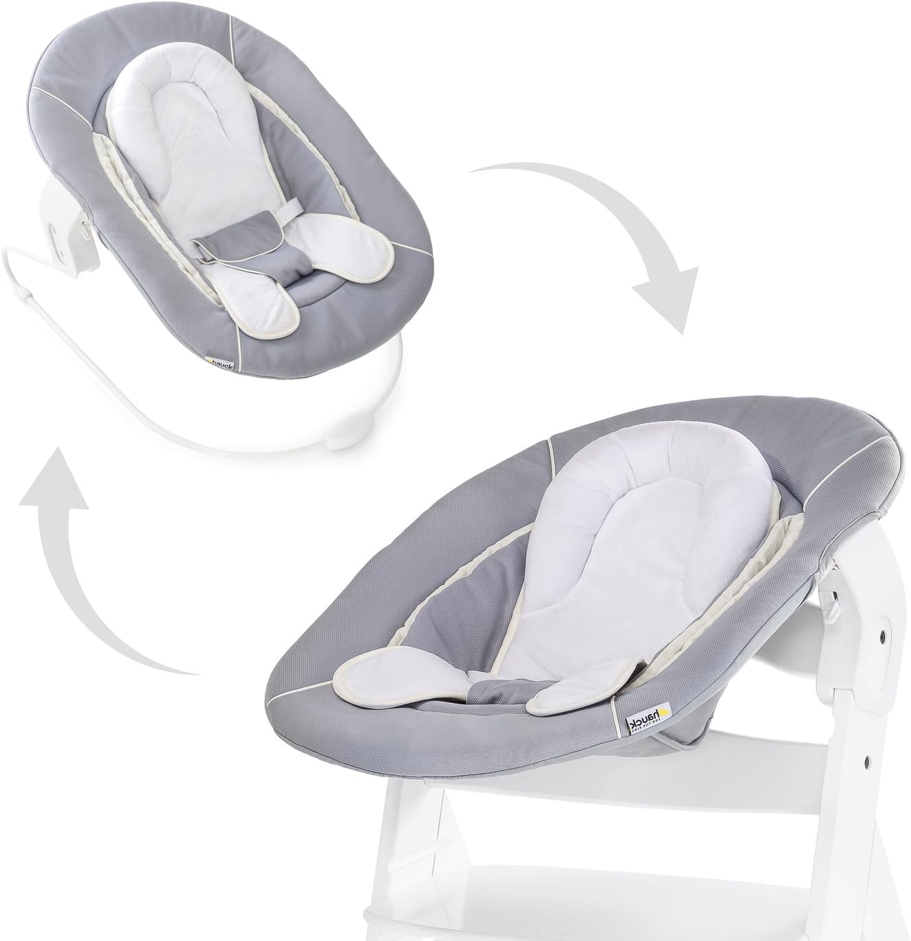 Hauck 661970 Alpha Bouncer 2 in 1 set voor pasgeboren baby's, leuk wipstoeltje vanaf de geboorte, past op Hauck houten meegroeistoel Alpha+, Beta+, stoelverkleiner - grijs, 66 x 49 x 45 cm