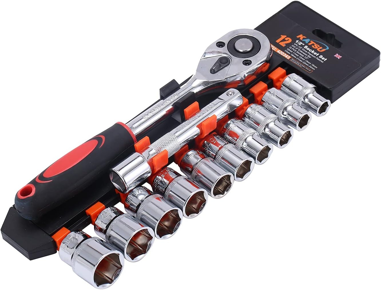 Katsu 420343 Steeksleutelset, 12-delig, 10-24 mm, metrische aandrijving met 24-tanden, snelspan-ratelsleutel en 5 inch verlengstang, autoreparatiegereedschap - Maat 1/2" / 10-24mm