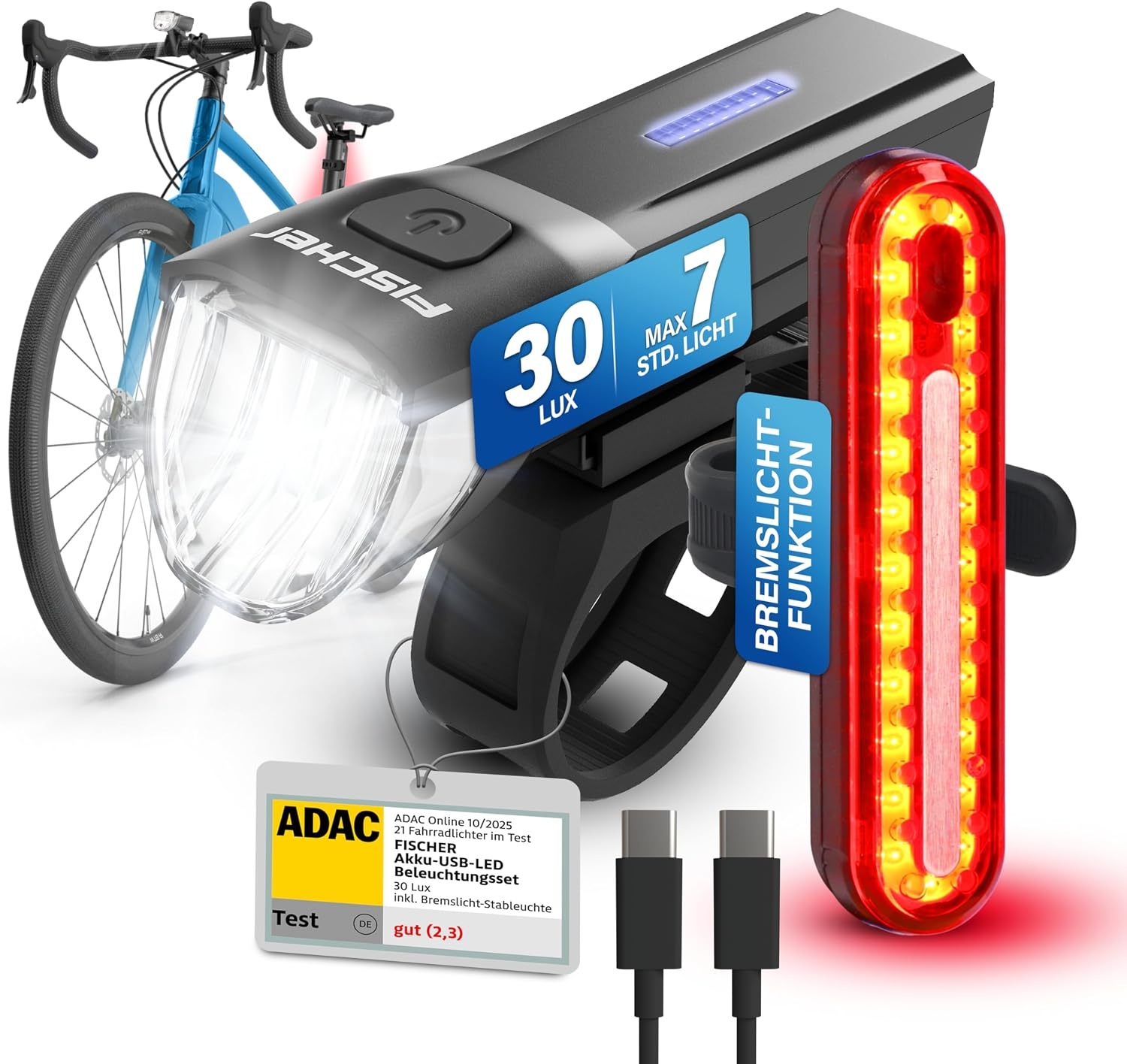 FISCHER Fietsverlichtingsset Zwart met Remlicht, 30/15 Lux, USB-Oplaadbaar, StVZO