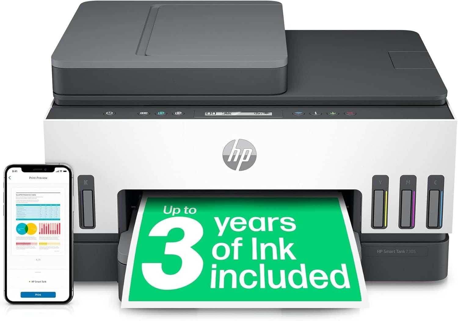 HP Smart Tank 7305 Multifunctionele printer (printer, scanner, kopieerapparaat, ADF, WLAN, LAN, AirPrint, Duplex, inclusief inkt voor maximaal 3 jaar printen) - Maat 3-in-1
