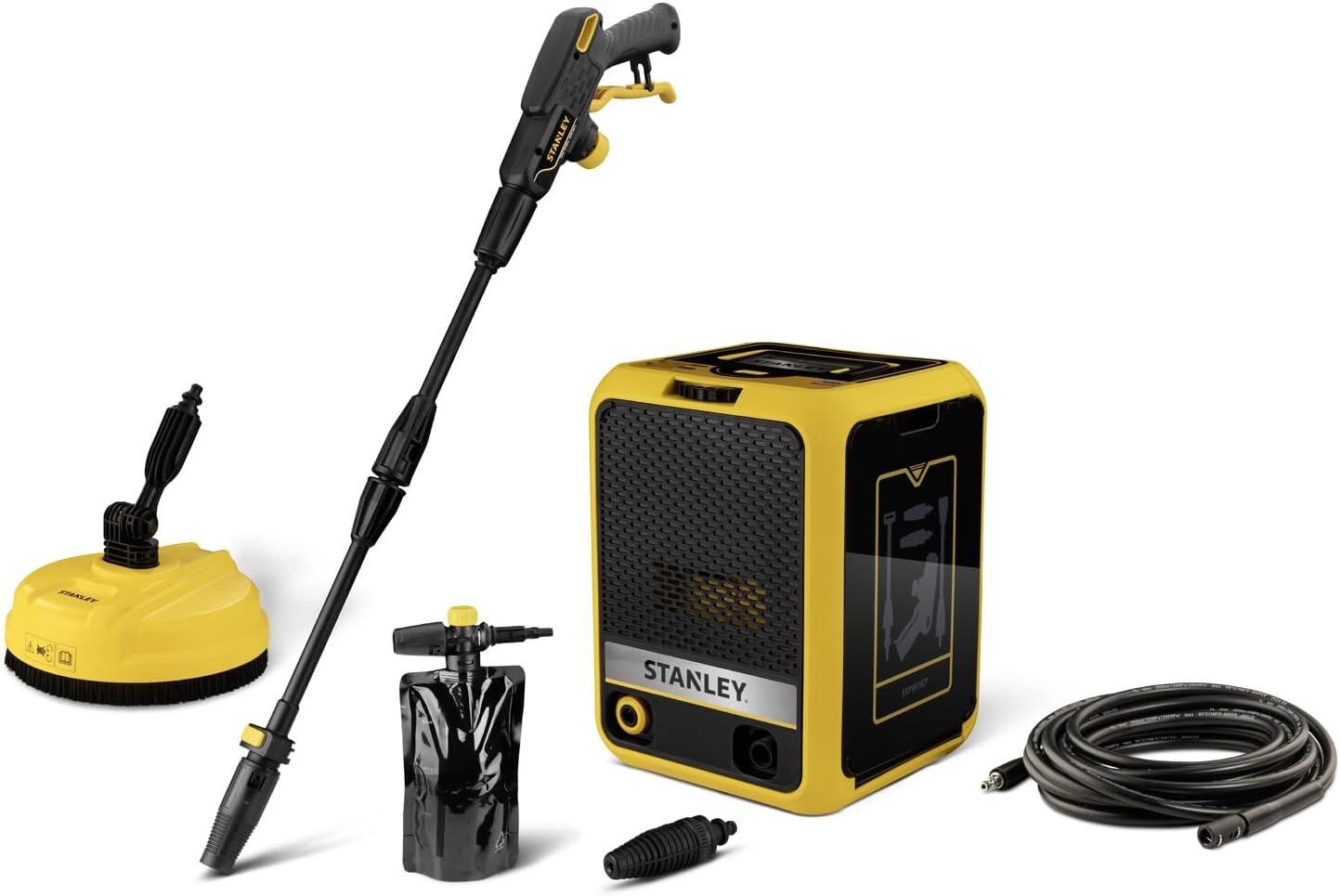 Stanley SXPW19CP Hogedrukreiniger, compact, hoge druk, voor auto en buitengebruik, met vloerreiniger, max. druk 150 bar, max. debiet 460 l/u, stroomverbruik 1900 W - Maat 1900 W