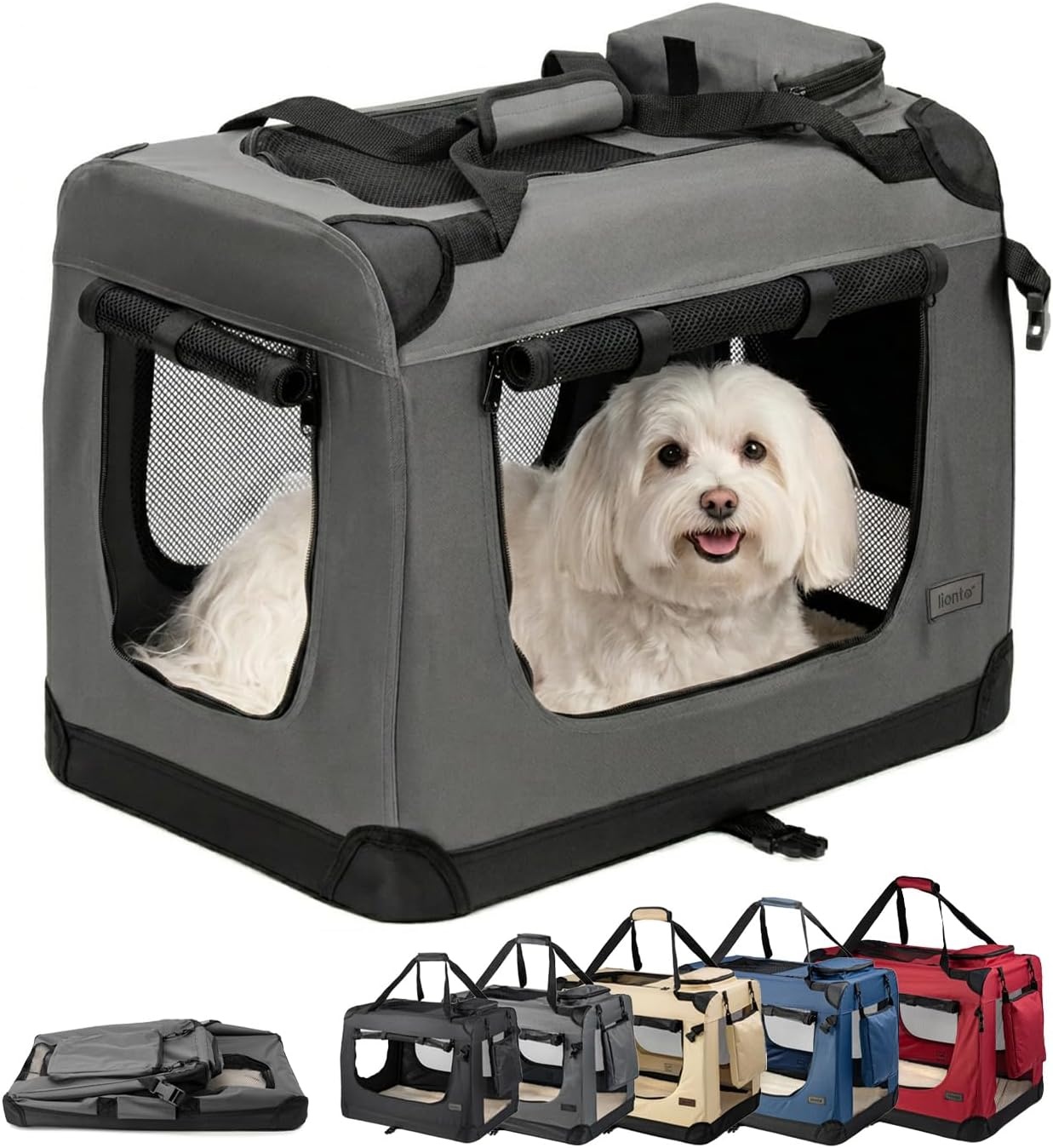 lionto Opvouwbare Hondentransportbox voor Reizen & Auto, 60x42x44 cm, Stevige Draagbox met Handvaten & Deken, tot 12 kg, Duurzame Stoffen Hondenbox, Klein & Groot, Grijs