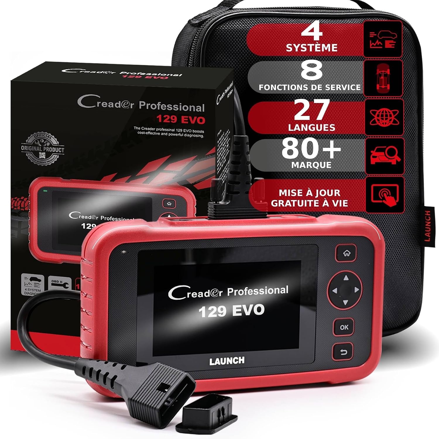 LAUNCH Europe CRP129EVO OBD2 diagnoseapparaat autolezer voertuigdiagnose EOBD-tester 4 systemen motor, ABS, SRS, automatische transmissie + 7 servicefuncties met touchscreen WiFi-update/Android