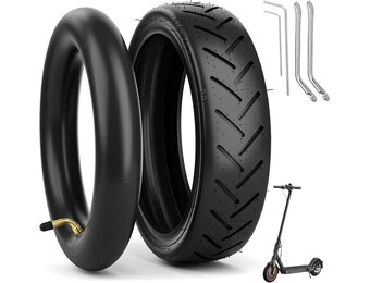 OUXI 2 stuks E-scooterbanden 8 1/2 met slangenpakket, reserveslang + banden 8,5 inch, compatibel met Xiaomi M365/M365Pro2 elektrische scooter, zwarte reservewielen (gebogen luchtmondstuk)