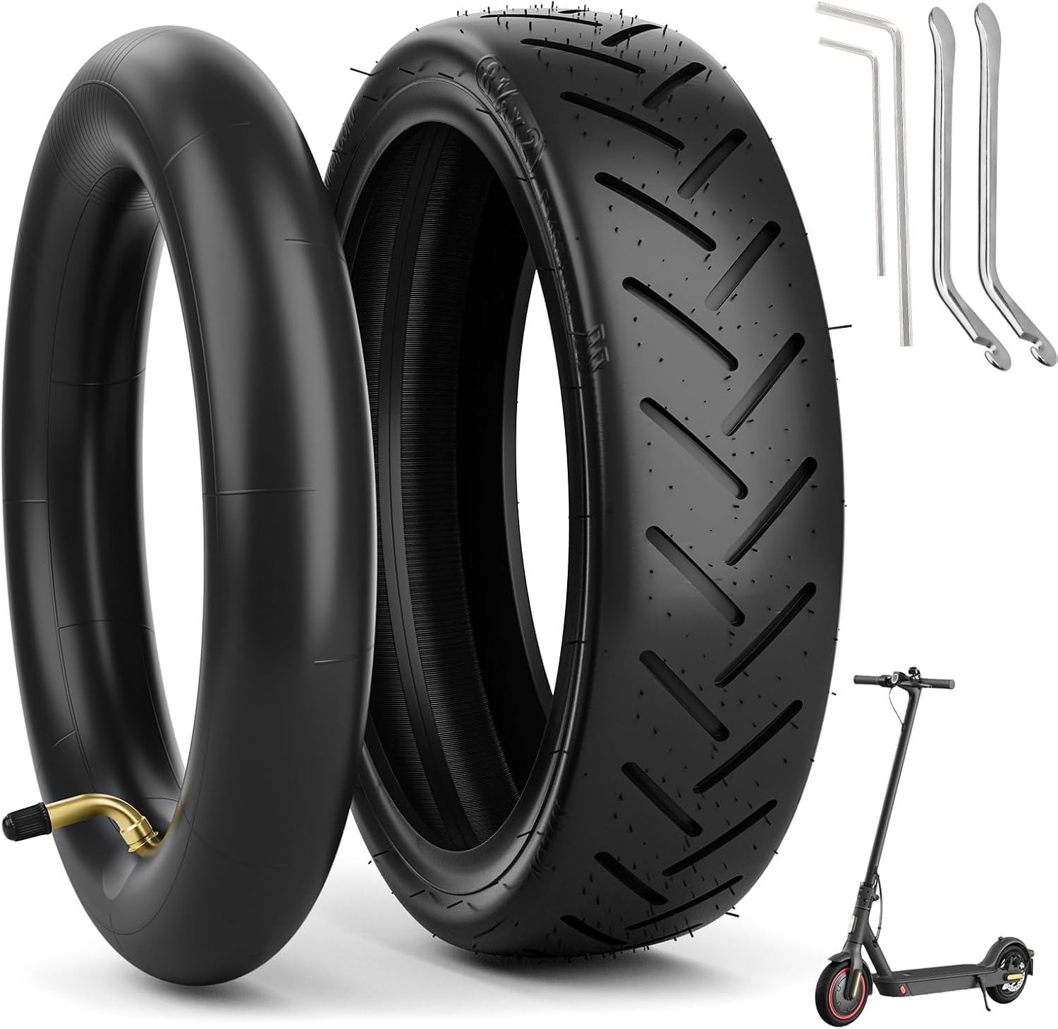 OUXI 2 stuks E-scooterbanden 8 1/2 met slangenpakket, reserveslang + banden 8,5 inch, compatibel met Xiaomi M365/M365Pro2 elektrische scooter, zwarte reservewielen (gebogen luchtmondstuk)