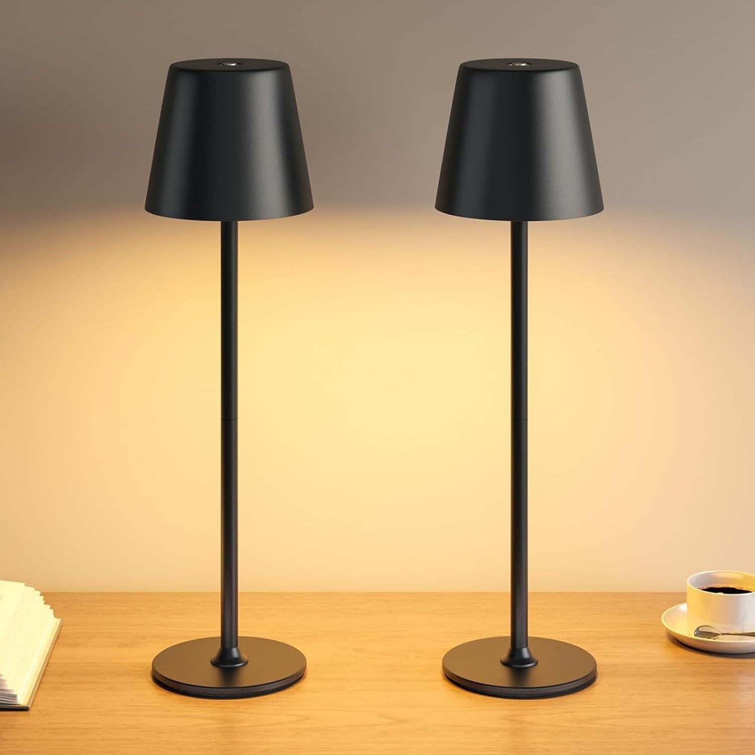Draadloze LED-tafellampen Set van 2, Dimbare touch nachtkastlampen, Accu tafellamp voor binnen/buiten, 3 warmwitte standen, IP54 waterdicht, Metalen behuizing, Zwart
