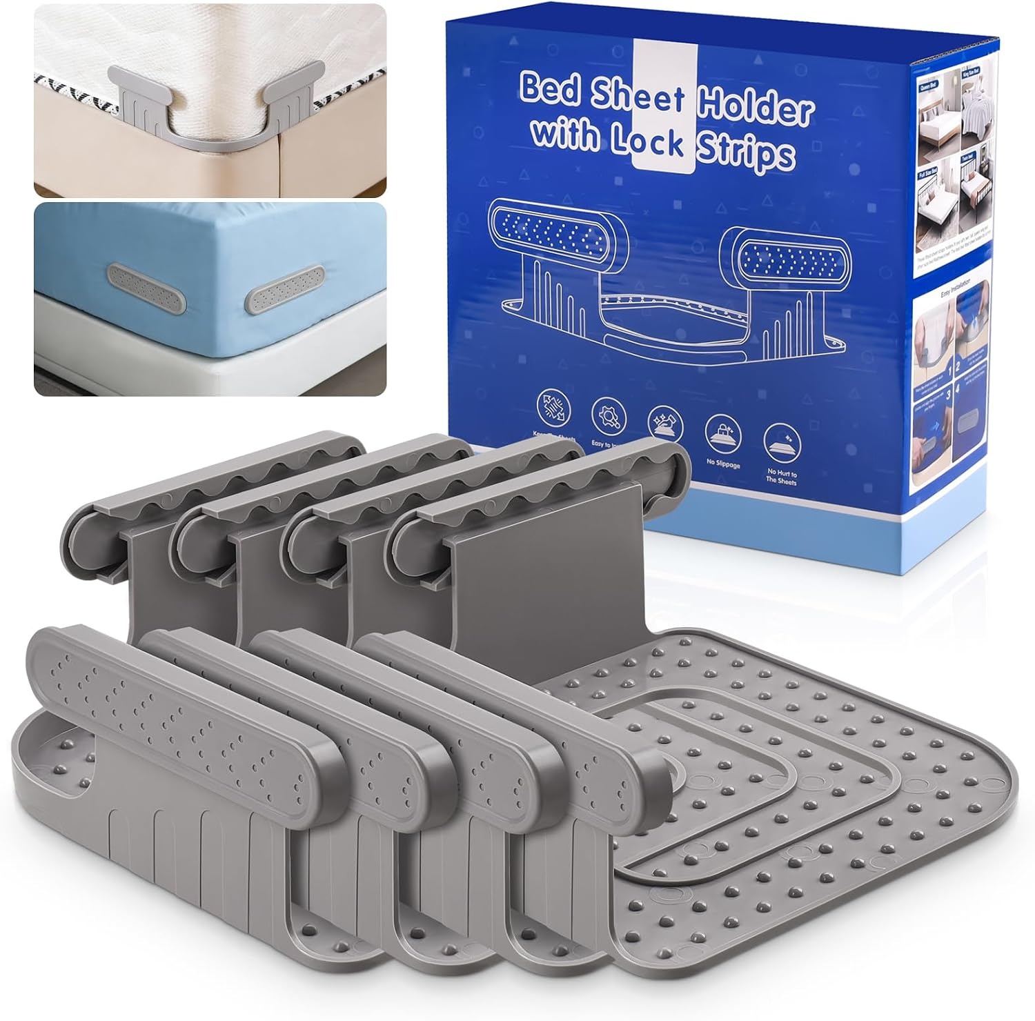 4-delige Lakenbevestiging met Bevestigingsstrips - Antislip Lakenhouder voor Matrassen - Grijs