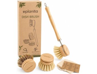 eplanita Bamboe Afwasborstel met 3 Vervangkoppen – Natuurlijke Plasticvrije Schoonmaakborstel voor Keuken, Badkamer & Tuin – Eco Dish Brush incl. Plantenspons