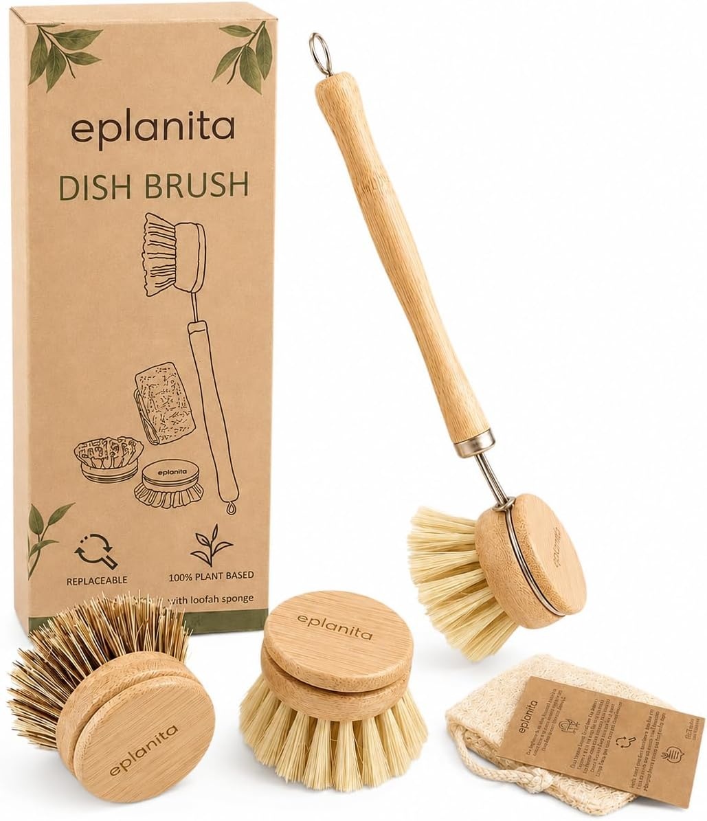 eplanita Bamboe Afwasborstel met 3 Vervangkoppen – Natuurlijke Plasticvrije Schoonmaakborstel voor Keuken, Badkamer & Tuin – Eco Dish Brush incl. Plantenspons