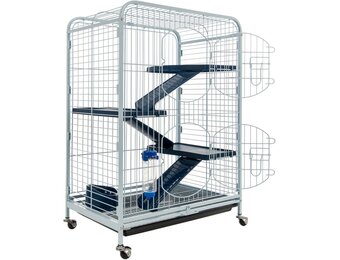 Tyrol Kooi-toren uitgerust voor chinchilla's, cavia's, fretten, verticale vorm, op wielen, 3 verstelbare platforms, wit en blauw