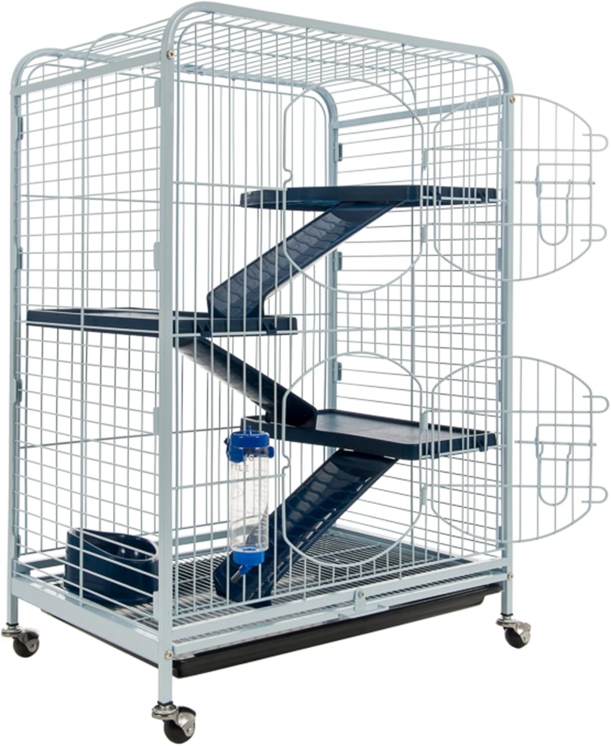 Tyrol Kooi-toren uitgerust voor chinchilla's, cavia's, fretten, verticale vorm, op wielen, 3 verstelbare platforms, wit en blauw