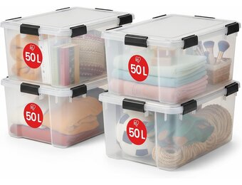 Iris Ohyama, Luchtdichte Kunststof opbergbox met deksel en sluitclips, 50L, Set van 4, Stapelbaar, BPA Vrij, Slaapkamer, Schuur, Woonkamer, AT-L, Helder