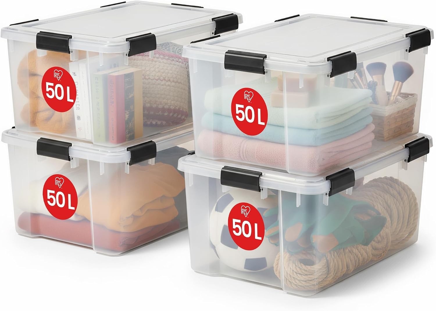 Iris Ohyama, Luchtdichte Kunststof opbergbox met deksel en sluitclips, 50L, Set van 4, Stapelbaar, BPA Vrij, Slaapkamer, Schuur, Woonkamer, AT-L, Helder