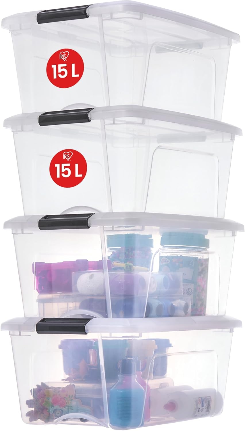 Iris Ohyama, Plastic opbergdoos, Kantoor opbergdoos Set van 4 x 15L dozen,NTB-15, Helder, B39.5 x D29 x H18.5 cm - Maat 15L / Set van 4