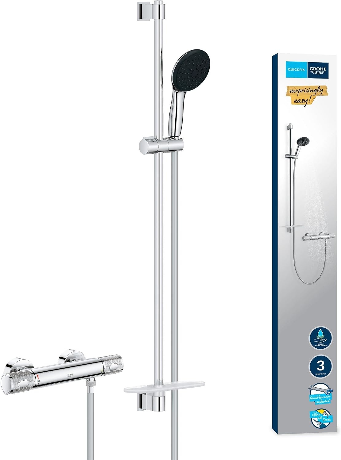 GROHE Precision Feel - Doucheset met blootgestelde thermostaat (rond, 11 cm handdouche, 3 sproeiers: regen, jet en massage, doucheslang 1,75 m, rail met lade 90 cm, veiligheidsfuncties,