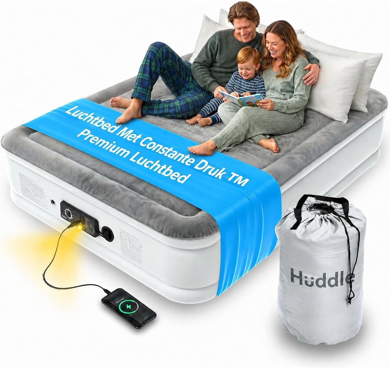Huddle® NEVER DEFLATE™ Luxe King-size Luchtbed, Good Housekeeping 2025-winnaar, met Dual Pump SlumberGuard™ Technologie, instelbare stevigheid, ingebouwde pomp en USB-nachtlampje. - Maat King