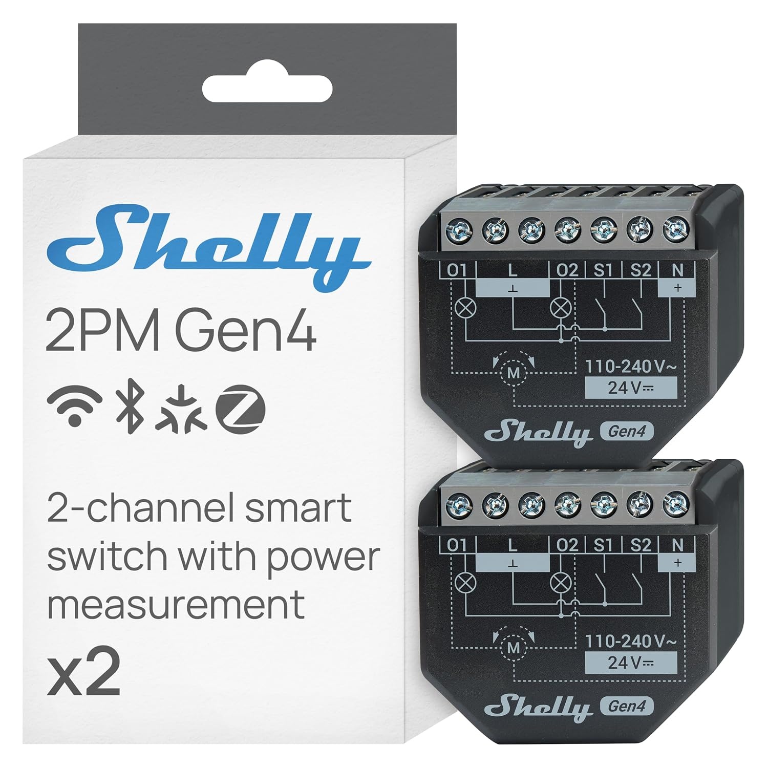 Shelly 2PM Gen4-2-Kanaals Slim Wi-Fi Relais met Vermogensmeting, 10A per Kanaal en 16A Totaal bij 240V, Rolluik en Jaloezie Bediening, Matter Bluetooth Zigbee, Alexa Google Apple Home (2 Stuks) - Maat 2 Stuks