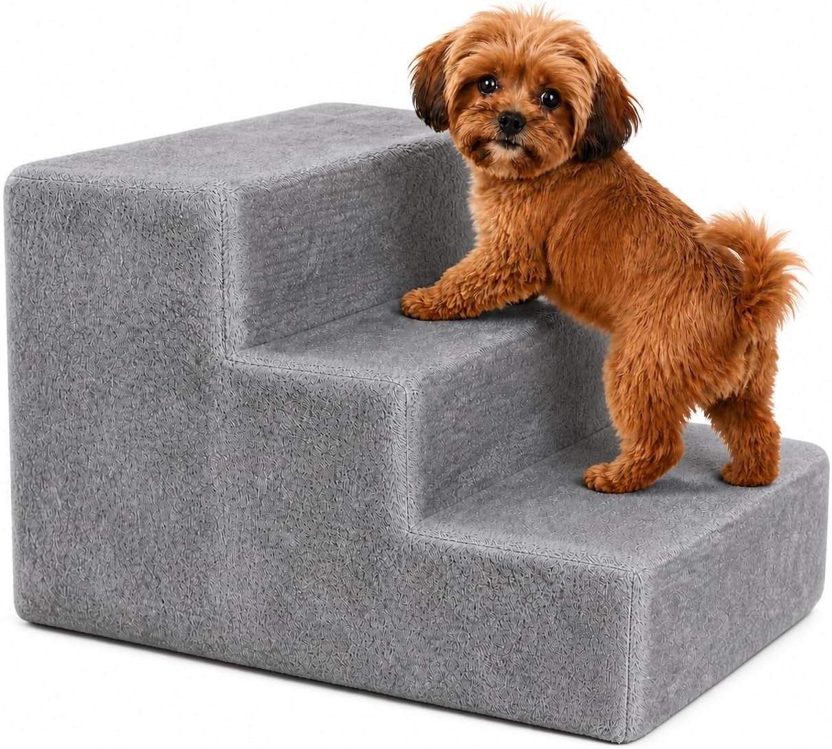 lionto Huisdierentrap met pluche hoes, 46 x 36 x 34 cm, robuuste hondentrap met lage traphoogte van 10 cm, ontziet de gewrichten, afneembare en wasbare hoes, trap is belastbaar tot 50 kg, lichtgrijs