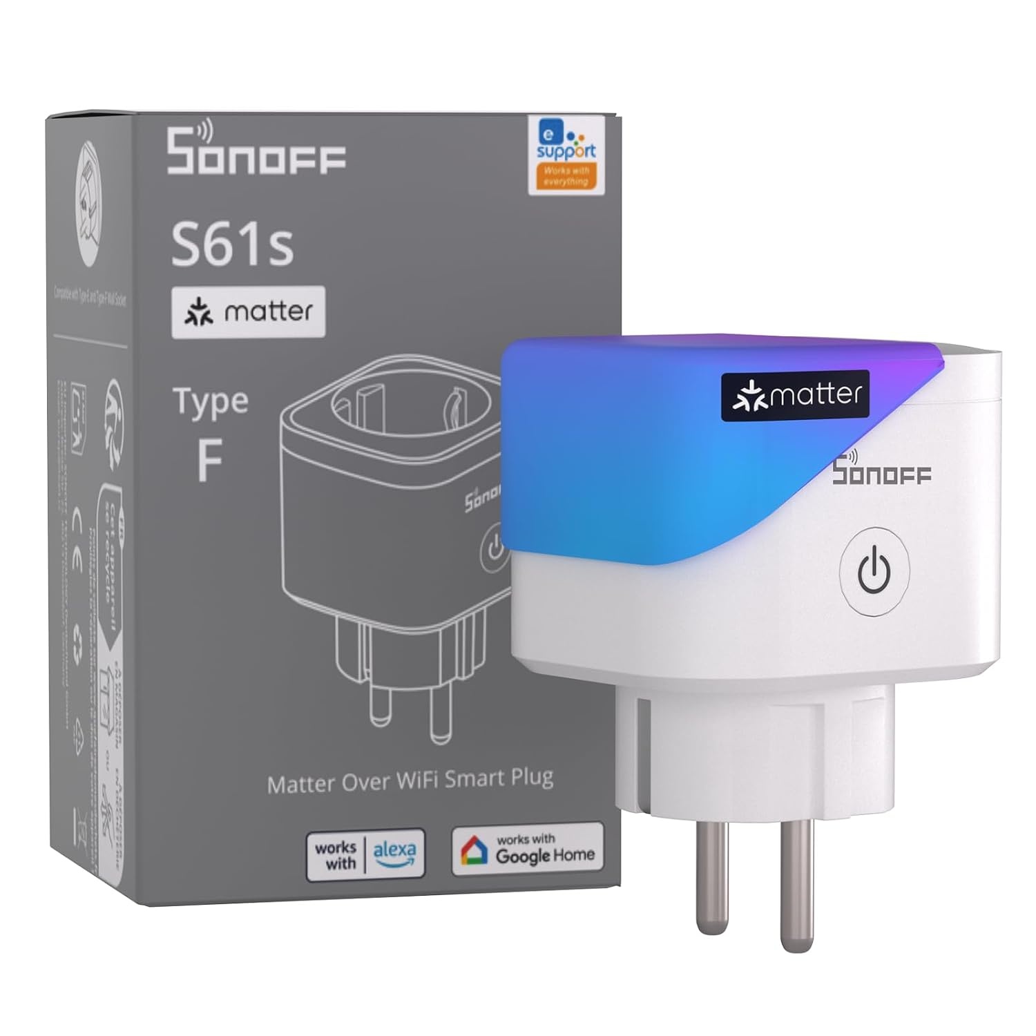 SONOFF S61s Slimme Stekker WiFi 16A/3840W – Afstandsbediening & Spraakbesturing, Energieverbruik Meten, Timer, Matter-compatibel met Alexa, Google en Apple Home