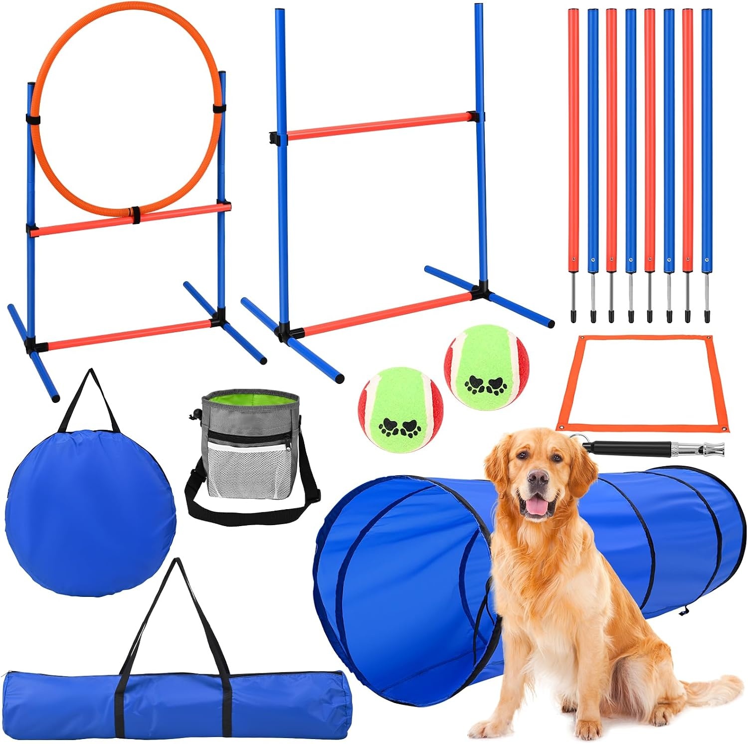 Agility-uitrustingsset voor honden Agility-set met hondentunnel van 170 cm, hindernissen met hondentunnel, 8 slalomstokken, verstelbare hoogte, perfect voor het park, de tuin en asfalt