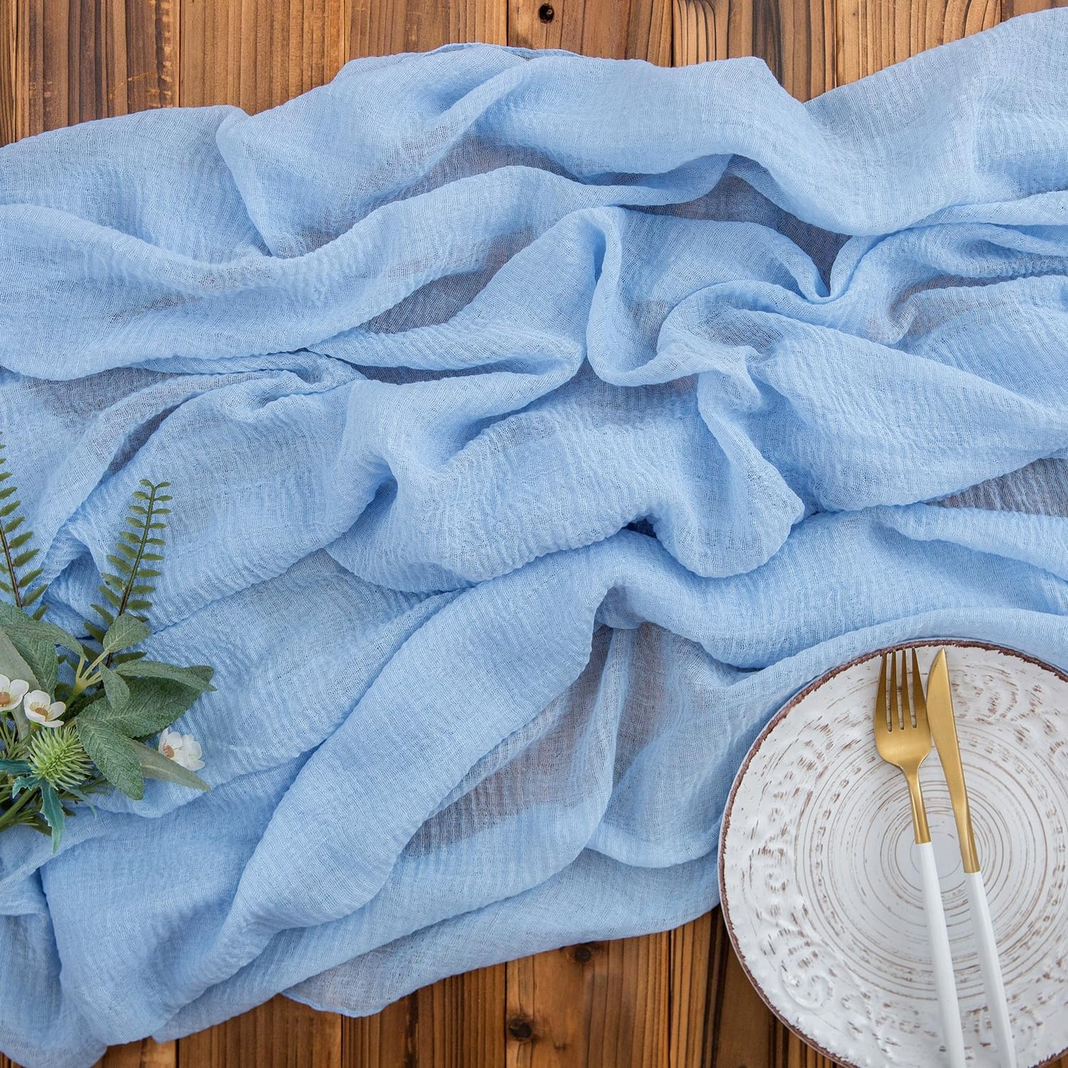 AOKSUNOVA Muslin Tafelrunner – Lichtblauw – 300 x 80 cm – Cheesecloth Tafelloper