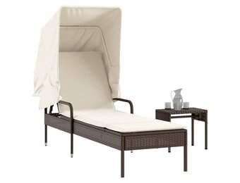 vidaXL Ligbed met luifel en tafel poly rattan bruin