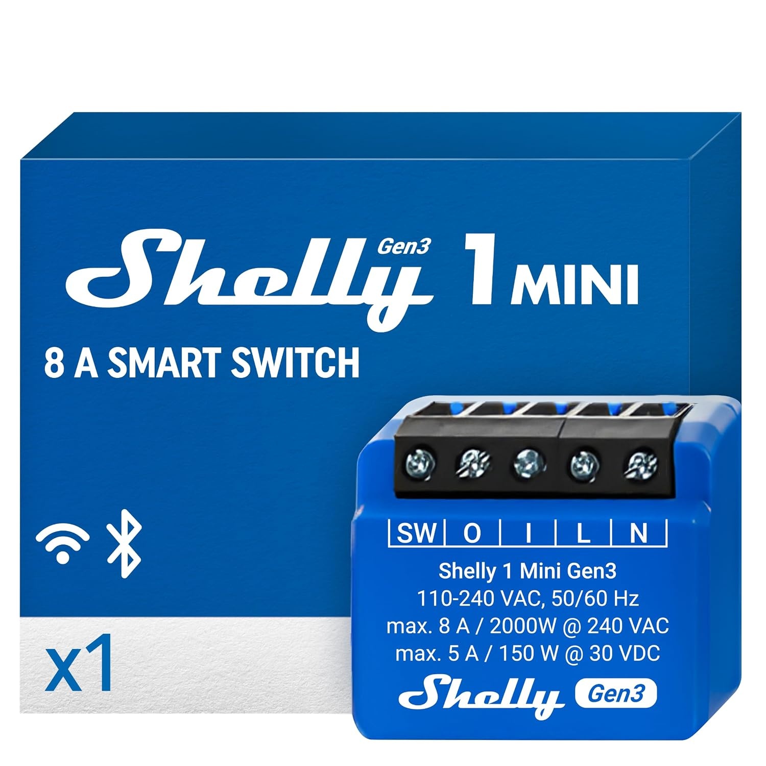 Shelly 1 Mini Gen3 – Micromodule Wi-Fi Schakelrelais│ 1 Kanaal 8A│ Potentiaalvrije Contacten│ Slimme Garagedeuropener│ Afstandsbediening via App│ Compatibel met Alexa│ Google Home en SmartThings