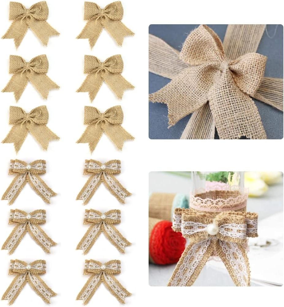 12 stuks jute strikken, rustieke vitnage, natuurlijke decoratie, handgemaakte jutestrikken, knutselaccessoires voor bruiloft, strikken voor het inpakken van geschenken, kerstboomversiering