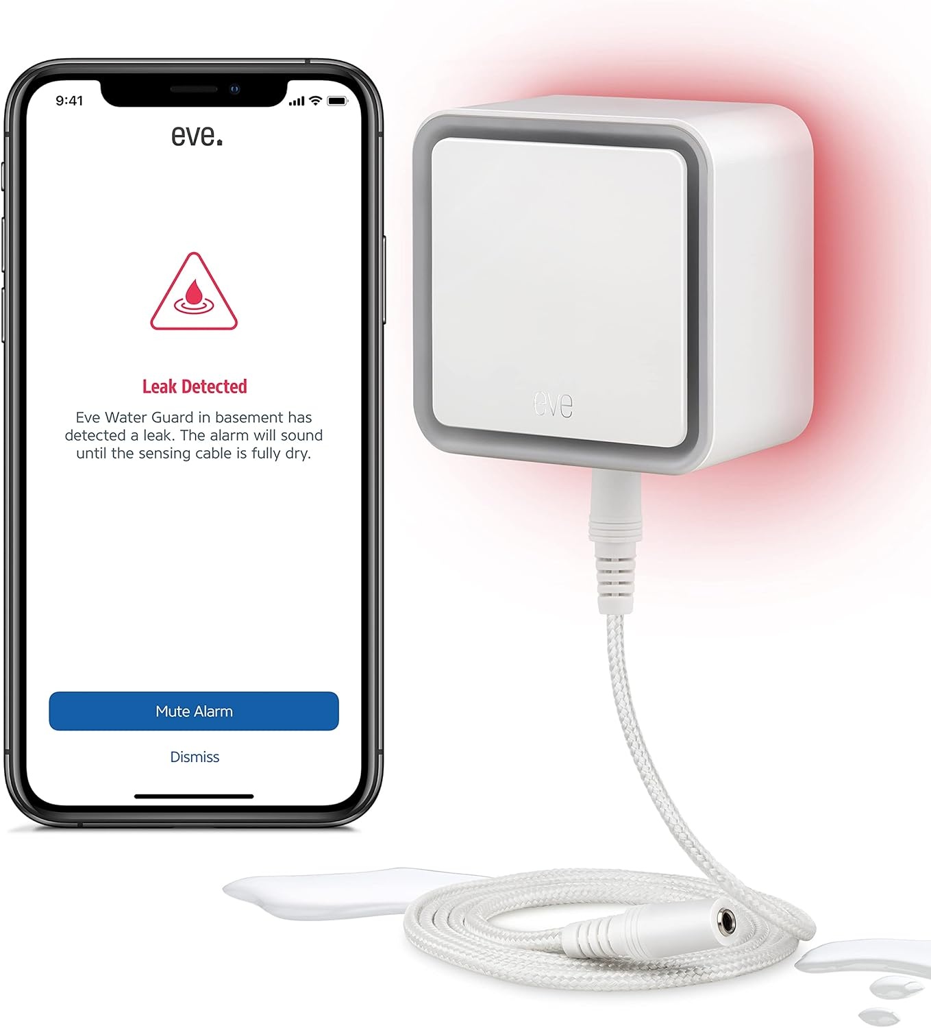 Eve Water Guard - Slimme watermelder met 2 meter lange sensorkabel (verlengbaar), alarm van 100 dB en berichtgeving over waterlekkage op iPhone, iPad, Apple Watch (Apple Home), Bluetooth, Thread