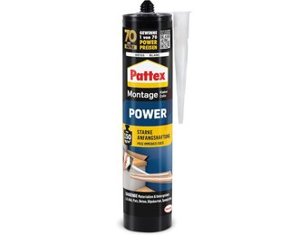 Pattex Montagelijm Power, constructielijm met sterke aanvangshechting, krachtlijm voor absorberende materialen, lijm voor binnen & buiten, 1x 370 g patroon