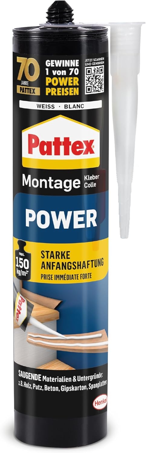 Pattex Montagelijm Power, constructielijm met sterke aanvangshechting, krachtlijm voor absorberende materialen, lijm voor binnen & buiten, 1x 370 g patroon