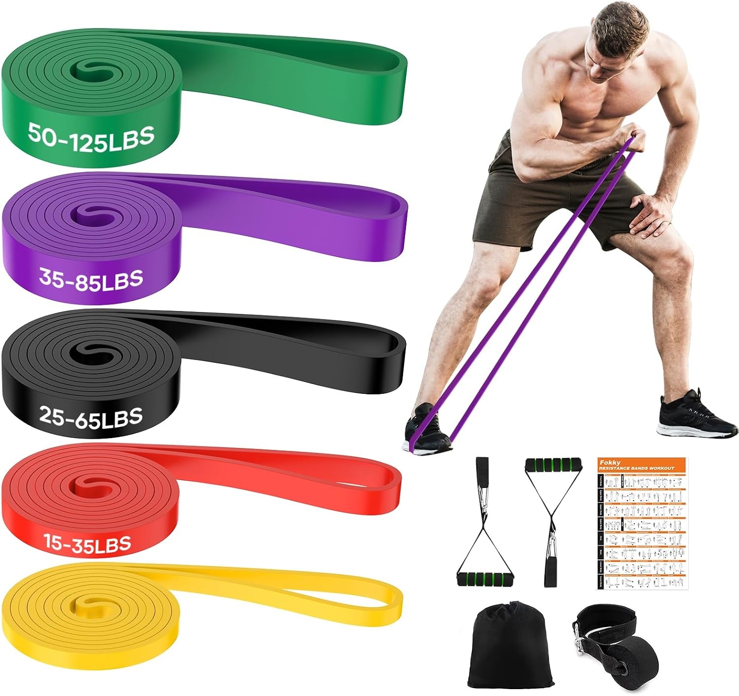 Fokky Fitnessbanden, set van 5 weerstandsbanden, in 5 sterktes, fitnessband met deuranker, 2 handgrepen, draagtas en trainingshandleiding, weerstandsbanden voor crossfit, yoga, pilates