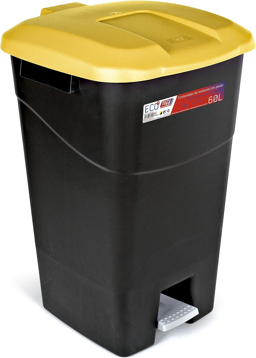 Tayg - Afvalbak van 60 liter met pedaal, zwarte bodem en geel deksel, kunststof