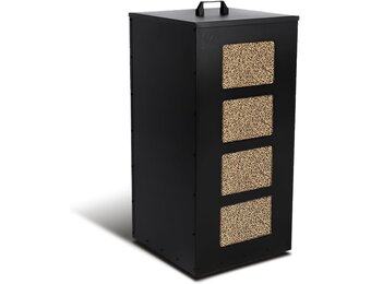 VOUNOT Pellethouder voor binnen, van metaal, met wielen van 55 kg, pellethouder met afneembare zeef en 4 transparante vulstandindicatoren voor pelletkachel, 36 × 36 × 76 cm, zwart