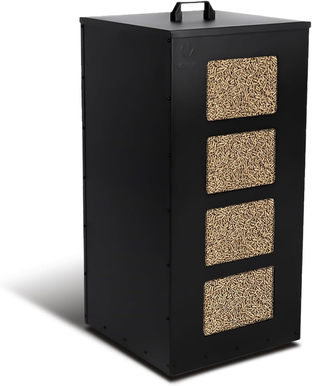 VOUNOT Pellethouder voor binnen, van metaal, met wielen van 55 kg, pellethouder met afneembare zeef en 4 transparante vulstandindicatoren voor pelletkachel, 36 × 36 × 76 cm, zwart