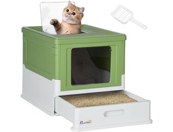 PawHut Kattenbak met deksel gesloten 47,5 x 35,5 x 36,7 cm Wit+Groen