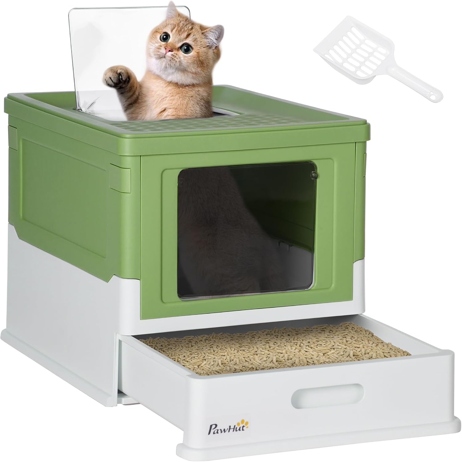 PawHut Kattenbak met deksel gesloten 47,5 x 35,5 x 36,7 cm Wit+Groen