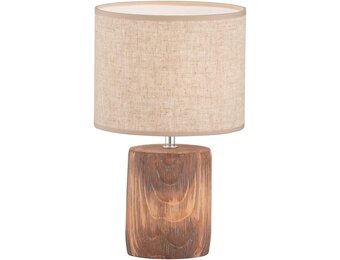 Fischer & Honsel Tafellamp Malik, betonlamp met houteffect, stoffen lampenkap en snoerschakelaar, houtkleurig beton en zandkleurig linnen, hoogte 35 cm, diameter 20 cm