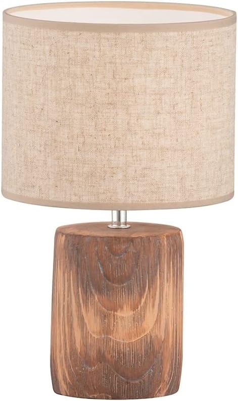 Fischer & Honsel Tafellamp Malik, betonlamp met houteffect, stoffen lampenkap en snoerschakelaar, houtkleurig beton en zandkleurig linnen, hoogte 35 cm, diameter 20 cm
