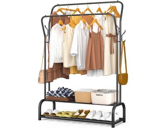 VOUNOT® Metaal Dubbel Kledingrek, Garderoberek met 2 laags Schoenenplank en 4 Zijdelingse Haken, Zware Belastbare Kledingstang voor Slaapkamer, Hal of Kleedkamer 110x35x146 cm, Zwart