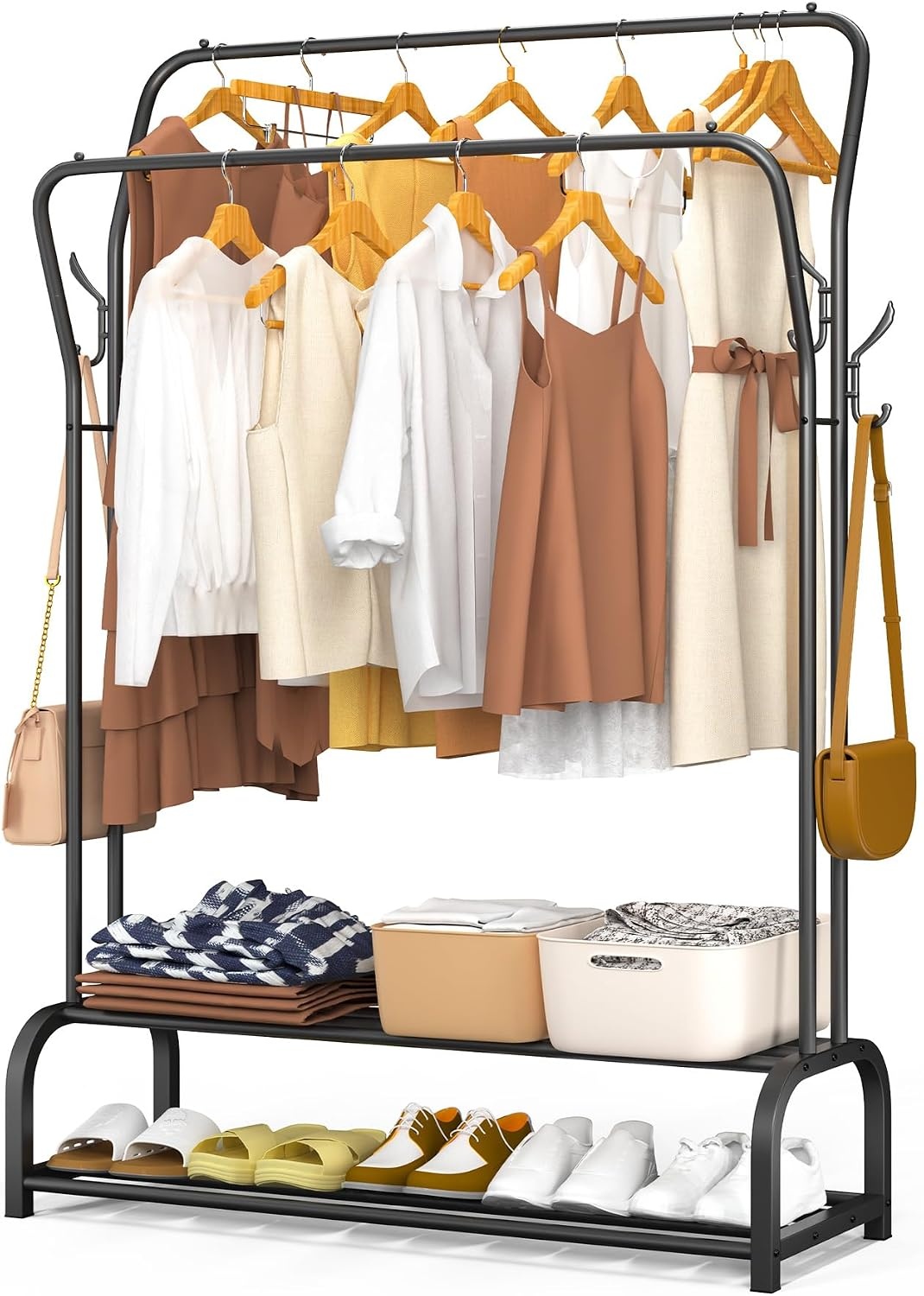 VOUNOT® Metaal Dubbel Kledingrek, Garderoberek met 2 laags Schoenenplank en 4 Zijdelingse Haken, Zware Belastbare Kledingstang voor Slaapkamer, Hal of Kleedkamer 110x35x146 cm, Zwart