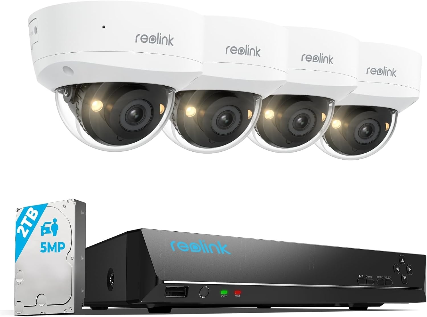 Reolink 5MP PoE Beveiligingssysteem, 4x IK10 vandaalbestendige camera's, kleur nachtzicht, detectie voor persoon/voertuig/huisdier, 2-Weg Audio, 8CH NVR met 2TB HDD, RLK8-500V4